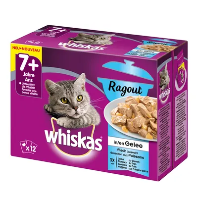 Ambalaj Whiskas Ragout pentru pisici 7+ ani, 12 plicuri, selecție pește în aspic. Text vizibil: 'Favorise une bonne vitalité', 'in/en Gelee', 'x12', 'Lachs, Thunfisch, Seelachs, Weißfisch'.
