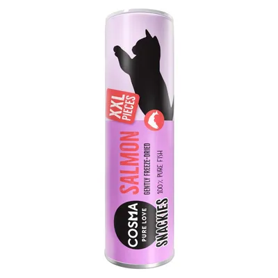 Cosma Pure Love Snackies, saumon, XXL pieces, gently freeze-dried, 100 % pure fish. Boîte cylindrique violette avec silhouette de chat noir.