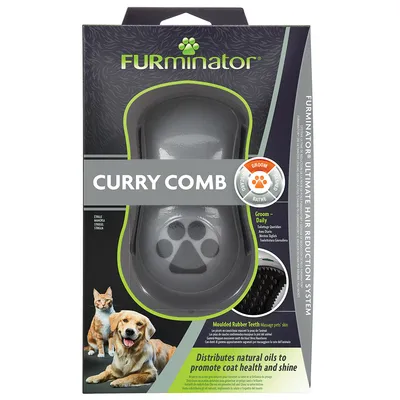 FURminator curry comb with moulded rubber teeth for daily grooming. Distributes natural oils to promote coat health and shine. Suitable for use on pet skin.
