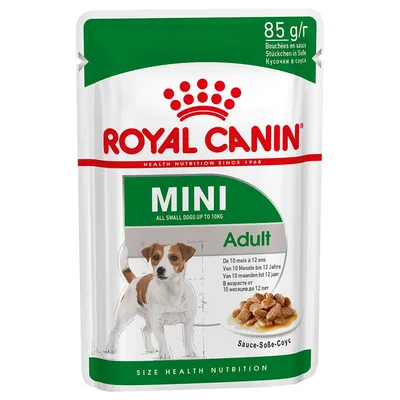 Plic hrană umedă Royal Canin MINI Adult, 85 g, pentru câini mici până la 10 kg. Text vizibil: 'All small dogs up to 10kg', 'De 10 mois à 12 ans', 'Sauce'.