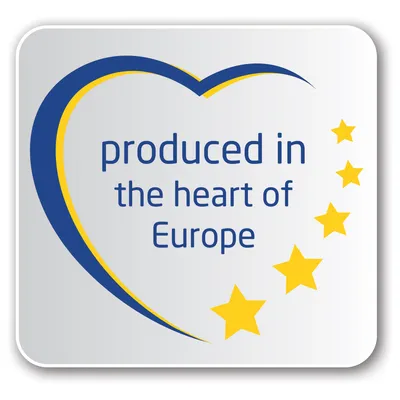 prodotto nel cuore dell’Europa, testo con stelle gialle e simbolo a forma di cuore blu e giallo.