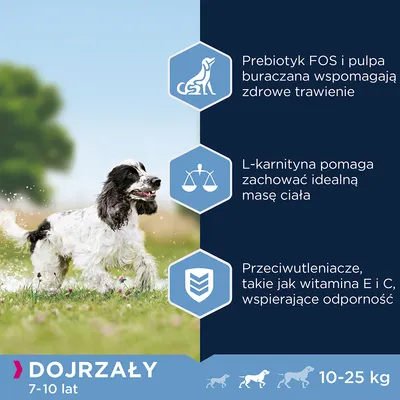 Prebiotyk FOS i pulpa buraczana wspomagają trawienie, L-karnityna pomaga zachować masę ciała, przeciwutleniacze E i C wspierają odporność. Dojrzały pies 7–10 lat, 10–25 kg.