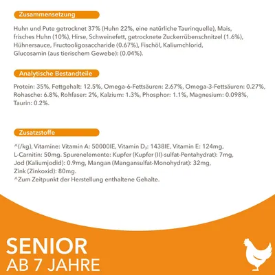 Состав, аналитические компоненты и добавки корма для пожилых животных: белок 35 %, жир 12,5 %, таурин 0,2 %, витамины A, D₃, E, микроэлементы. Для SENIOR от 7 лет. Текст на немецком.