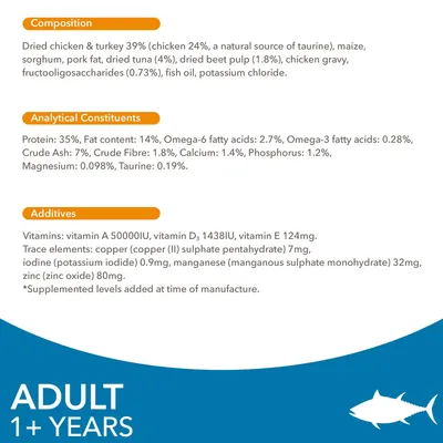 Σύνθεση: αποξηραμένο κοτόπουλο & γαλοπούλα 39 %, τόνος 4 %. Πρωτεΐνη 35 %, λίπος 14 %, ωμέγα-6 2,7 %, ασβέστιο 1,4 %. Πρόσθετα: βιταμίνη Α 50000 IU, D₃ 1438 IU, Ε 124 mg. Για ενήλικες 1+ ετών.