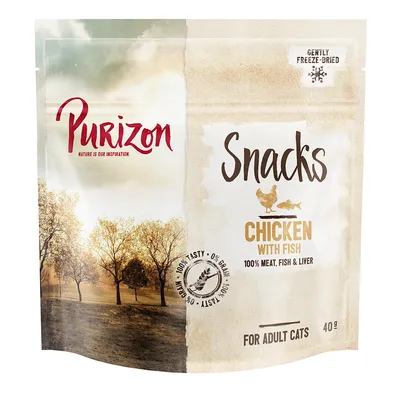Purizon Snacks Chicken with Fish, gefriergetrocknet, 100% Fleisch, Fisch & Leber, für erwachsene Katzen, 40g. Ohne Getreide, 100% Tasty.