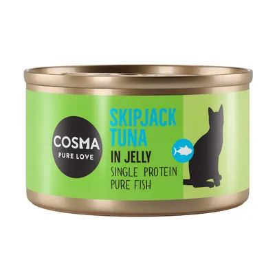 COSMA PURE LOVE SKIPJACK TUNA IN JELLY, SINGLE PROTEIN, PURE FISH – konzerva s obrázkem siluety kočky a ryby na zeleném obalu