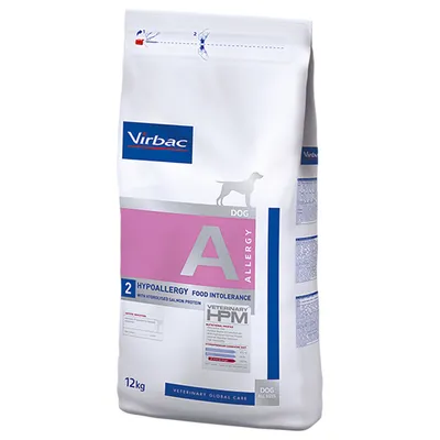 Sac de 12 kg Virbac Veterinary HPM Dog Allergy A, hypoallergy food intolerance, protéines de saumon hydrolysées, pour chien. Texte visible : 2 Hypoallergy Food Intolerance.