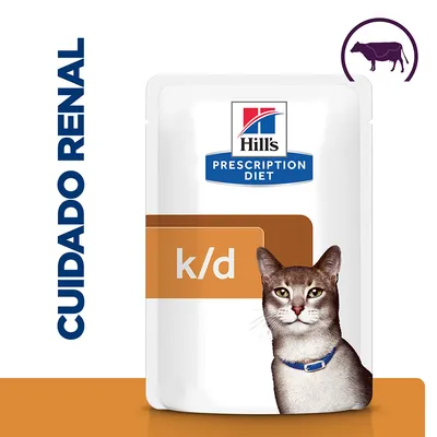 Hill's Prescription Diet k/d para gatos, cuidado renal. Sobre con imagen de gato y símbolo de vaca. Texto visible: CUIDADO RENAL.