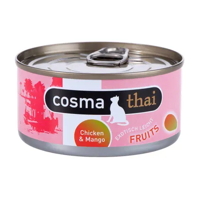 Puszka Cosma Thai Fruits, widoczny napis: Chicken & Mango, EXOTISCH LEICHT FRUITS. Grafika kota i mango na różowym tle.