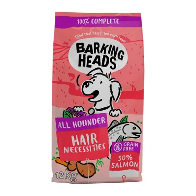 Barking Heads All Hounder Hair Necessities, 100% complete, grain free, 50% salmon, 12kg bag. Key features and product type shown on packaging.