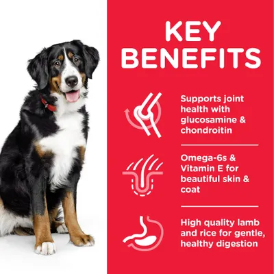 Key benefits: supports joint health with glucosamine and chondroitin, omega-6s and vitamin E for skin and coat, high quality lamb and rice for gentle, healthy digestion.