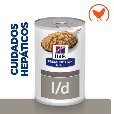 Hill's Prescription Diet l/d, cuidados hepáticos, lata de comida húmida com imagem de frango e texto visível: CUIDADOS HEPÁTICOS.