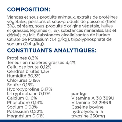 Composition : viandes, sous-produits animaux, extraits de protéines végétales, poissons (thon 3 %), céréales, huiles, légumes 1,1 %, minéraux, lait. Constituants analytiques : protéines 8,3 %, matières grasses 3,4 %, humidité 80,3 %.