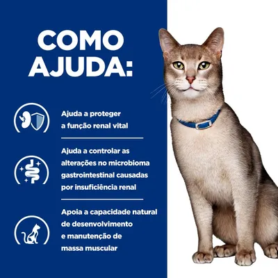 Texto: Como ajuda: Ajuda a proteger a função renal vital; Ajuda a controlar as alterações no microbioma gastrointestinal causadas por insuficiência renal; Apoia a capacidade natural de desenvolvimento e manutenção de massa muscular. Gato com coleira azul à direita.