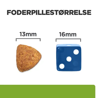 Foderpillestørrelse: trekantet foderpille 13 mm ved siden af blå terning 16 mm. Tekst: FODERPILLESTØRRELSE, 13 mm, 16 mm.