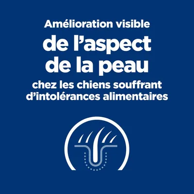 Amélioration visible de l’aspect de la peau chez les chiens souffrant d’intolérances alimentaires, texte en français avec un pictogramme de poil et peau.