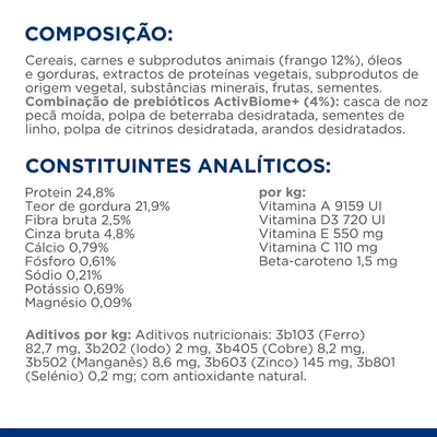 Composição: cereais, carnes e subprodutos animais (frango 12%), óleos, proteínas vegetais, minerais, frutas. Constituintes analíticos: proteína 24,8 %, gordura 21,9 %, fibra 2,5 %, vitaminas.