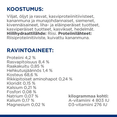 Koostumus: viljat, öljyt ja rasvat, kasviproteiinitiivisteet, kananmunat, siemenet, kivennäisaineet. Ravintoarvot: proteiini 4,2 %, rasva 8,4 %, kuitu 0,85 %, kosteus 68,6 %.