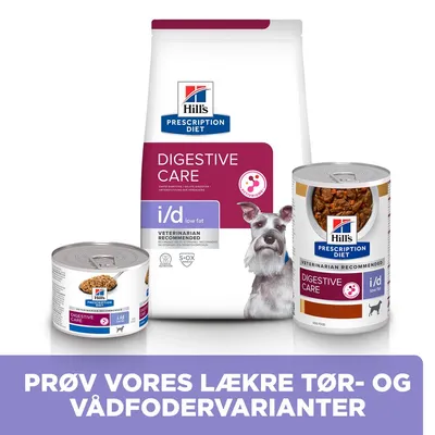 Hill's Prescription Diet Digestive Care i/d low fat tørfoder og vådfoder til hund, tekst: PRØV VORES LÆKRE TØR- OG VÅDFODERVARIANTER
