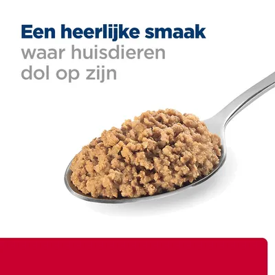 Tekst: 'Een heerlijke smaak waar huisdieren dol op zijn' met een lepel natvoer.