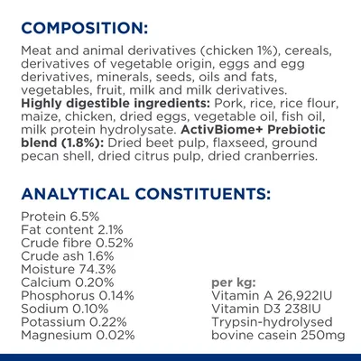 Composition: meat and animal derivatives (chicken 1%), cereals, eggs, minerals, seeds, oils, vegetables. Analytical constituents: protein 6.5%, fat 2.1%, moisture 74.3%.
