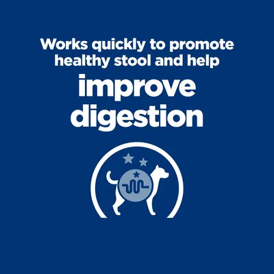 Works quickly to promote healthy stool and help improve digestion. Szöveg angol nyelven, emésztést javító hatás kiemelve, kutya sziluettje piktogrammal.