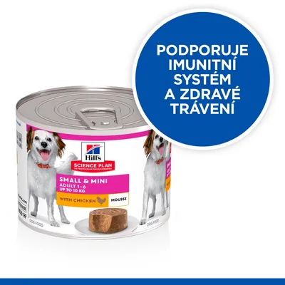 Hill's Science Plan Small & Mini Adult 1–6 Up to 10 kg with Chicken Mousse. Podporuje imunitní systém a zdravé trávení.
