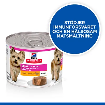 Hill's Science Plan Small & Mini Mature Adult 7+ with Chicken Mousse hundmatburk, text: Stödjer immunförsvaret och en hälsosam matsmältning