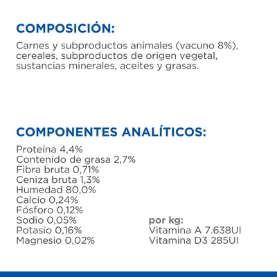 Composición: carnes y subproductos animales (vacuno 8%), cereales, subproductos de origen vegetal, minerales, aceites y grasas. Componentes analíticos: proteína 4,4 %, grasa 2,7 %, humedad 80 %.