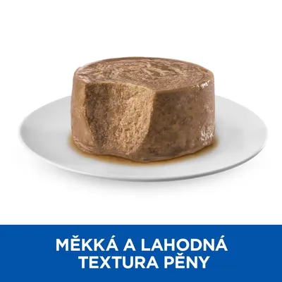 Porce pěnového krmiva na bílém talíři, viditelný nápis: MĚKKÁ A LAHODNÁ TEXTURA PĚNY.