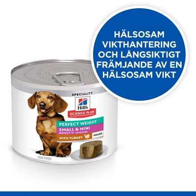 Hill's Science Plan Perfect Weight Small & Mini Adult 1+ with Turkey Mousse hundmatburk, text: Hälsosam vikthantering och långsiktigt främjande av en hälsosam vikt.
