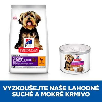 Hill's Science Plan Sensitive Stomach & Skin suché a mokré krmivo pro malé psy, nápis: Vyzkoušejte naše lahodné suché a mokré krmivo