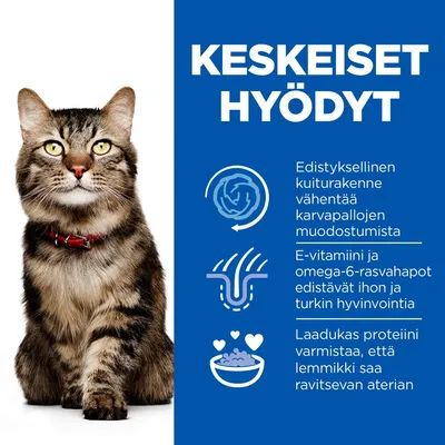 KESKEISET HYÖDYT: Edistynyt kuiturakenne vähentää karvapalloja. E-vitamiini ja omega-6 tukevat ihon ja turkin hyvinvointia. Laadukas proteiini varmistaa ravitsevan aterian.