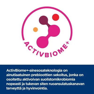 ACTIVBIOME+ Ainesosateknologia on ainutlaatuinen prebioottien sekoitus, jonka on osoitettu aktivoivan suolistomikrobiomia ja tukevan ruoansulatuskanavan terveyttä ja hyvinvointia.
