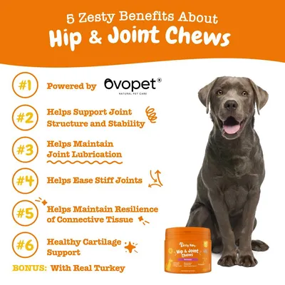 Image lists six benefits of Hip & Joint Chews: powered by Ovopet, supports joint structure, maintains lubrication, eases stiff joints, supports connective tissue and cartilage, with real turkey.