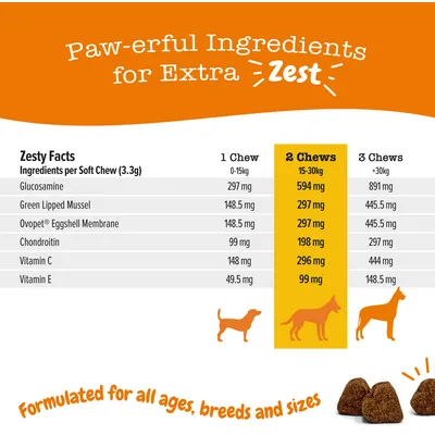 Etetési táblázat: 1 rágó 0–15 kg, 2 rágó 15–30 kg, 3 rágó 30+ kg. Glükózamin, zöldkagyló, Ovopet tojáshéj membrán, kondroitin, C- és E-vitamin mennyiségek mg-ban.