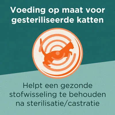 Voeding op maat voor gesteriliseerde katten. Helpt een gezonde stofwisseling te behouden na sterilisatie/castratie.