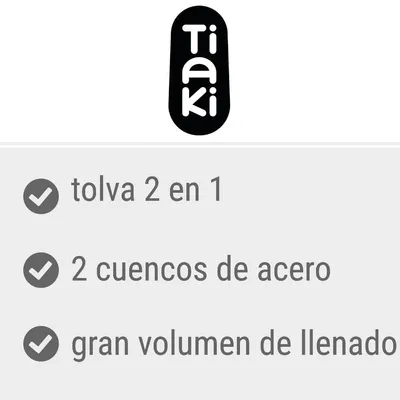 Tiaki. tolva 2 en 1, 2 cuencos de acero, gran volumen de llenado.