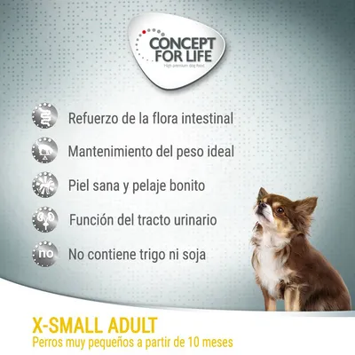Concept for Life. Refuerzo de la flora intestinal, mantenimiento del peso ideal, piel sana y pelaje bonito, función del tracto urinario, no contiene trigo ni soja. X-Small Adult, perros muy pequeños a partir de 10 meses.