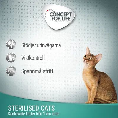 Concept for Life. Stödjer urinvägarna, viktkontroll, spannmålsfritt. STERILISED CATS – Kastrerade katter från 1 års ålder.