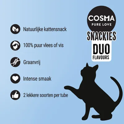 COSMA PURE LOVE SNACKIES DUO FLAVOURS. Natuurlijke kattensnack, 100% puur vlees of vis, graanvrij, intense smaak, 2 lekkere soorten per tube.