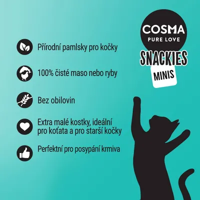 COSMA PURE LOVE SNACKIES MINIS. Přírodní pamlsky pro kočky, 100% čisté maso nebo ryby, bez obilovin, extra malé kostky, ideální pro koťata a starší kočky, perfektní pro posypání krmiva.
