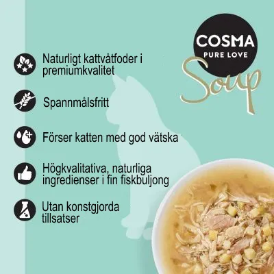 COSMA PURE LOVE Soup. Naturligt kattvåtfoder i premiumkvalitet, spannmålsfritt, förser katten med god vätska, högkvalitativa naturliga ingredienser i fiskbuljong, utan konstgjorda tillsatser.