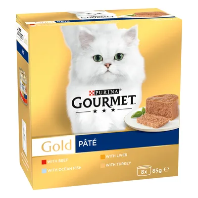 Gold pâté selection with beef, ocean fish, liver and turkey, 8 x 85g portions. Product box shows food varieties and portion size.