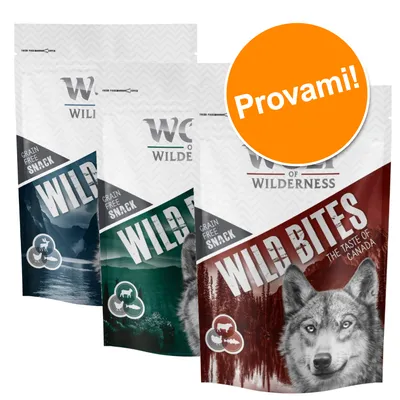 Wild of Wilderness Wild Bites, snack senza cereali. Testo visibile: 'Provami!', 'Grain Free Snack', 'The Taste of Canada'. Immagine di lupo su confezione.