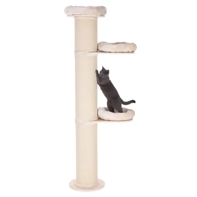 Cat tree with three padded resting platforms and sisal posts, grey cat climbing on the cat tree.