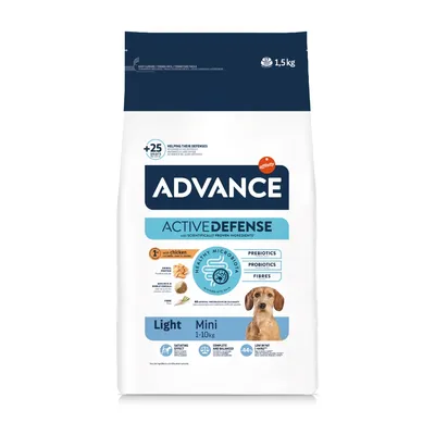 Saco de 1,5 kg de ração Advance Active Defense Light Mini 1–10 kg com frango. Indicações visíveis: prebióticos, probióticos, fibras, efeito saciante, baixo teor de gordura, cão pequeno na embalagem.