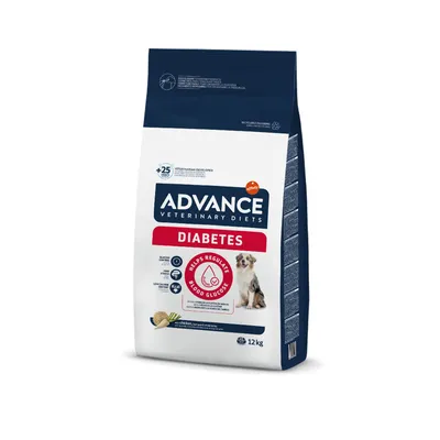Advance Veterinary Diets Diabetes dry food, helps regulate blood glucose, 12kg bag, with chicken. Key features and feeding information shown on packaging.