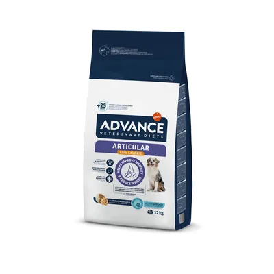 ADVANCE Veterinary Diets Articular Low Calorie dry dog food, 12kg bag. Visible text: helps improve mobility & reduce weight, with chicken, low calorie, Actin Defense.
