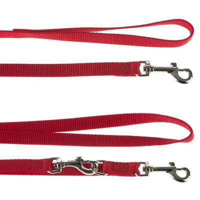 Czerwona smycz dla psa z nylonu z dwoma karabińczykami i pętlą na rękę.